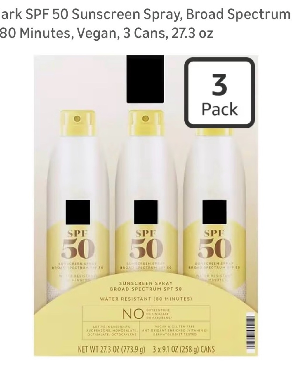 SPF 50 Sunscreen Spray, Broad Spectrum, Yellow - 3 Pack